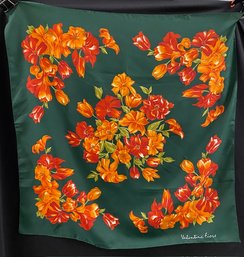 Vintage Valentina Fiore Dark Green W/ Bowl Orange/red Floral Scarf