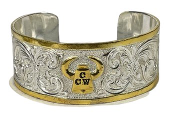 Silver And Gilded Cuff Bracelet With 'CCW' Cowbell And Horns`