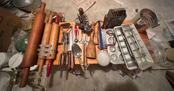 Huge Collection Lot Of Vintage Kitchen Items Knifes, 3 Rolling Pins, Egg Beater, Ice Cubes Trays, Juicer.