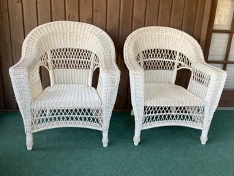 Pair Indoor Outdoor White Wicker Chairs