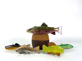 Assorted Sizes And Species Colorful Solid Wood And Copper Fish Decoys