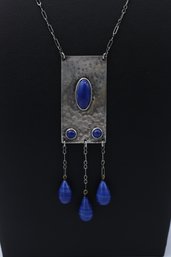 Intricate Blue Lapis Lazuli & Hammered Sterling Silver Pendant Necklace