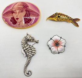 Beau Sterling Silver Seahorse Pin, Norway 925 Sterling Flower, Acrylic Brooch & Asian Fish Pendant