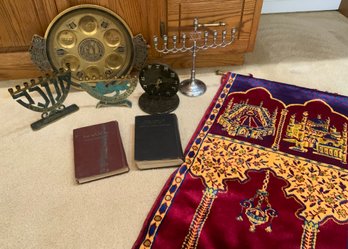 Beautiful Vintage Judaica Lot  ~  Antique Prayer Rug, Menorahs And More