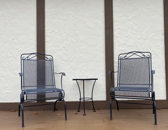 Plantation Pattern Wrought Iron Cantilevered Outdoor Patio Chair Set With Round Side Table