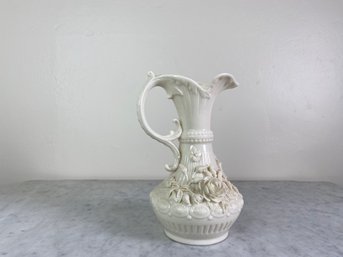 Beleek Water Pitcher With High Relief Floral Arrangement