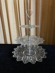 Mid Century Federal Glass Petal Glass 3 Tier Hors D'oeuvres Server