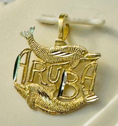 BEAUTIFUL 14K GOLD ARUBA BRIGHT CUT PENDANT OR CHARM WITH DOLPHINS