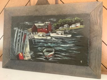 Signed Painted Slate Art - Docked Boats