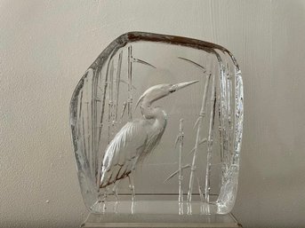 Mats Jonasson (Sweden, B. 1949) Glass Intaglio Sculpture Of A Heron, Signed