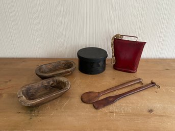 Country Decor Lot Wooden Spoons Bowls Box And Cowbell