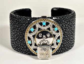 Contemporary Shagreen Shark Skin Sterling Silver And Turquoise Cuff Bracelet Having Padlock