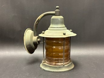 A Vintage Lantern Light Fixture, Amber Glass & Metal, From A Barn Exterior