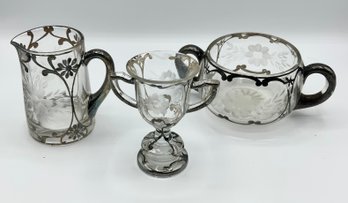 3 Pc Antique Glass Lot W/sterling Overlay ~ Etched Flower ~