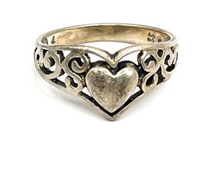 Vintage Sterling Silver Ornate Heart Ring, Size 6.75