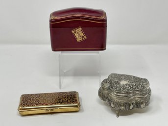 Italian Embossed Calf Leather Playing Card Holder, Vintage Stratton Trinket Box And A Silver Tone Jewelry Box