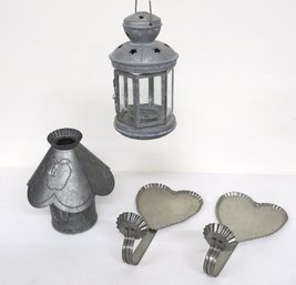 Tin Is In! A Nice Trio Of Country Tin Lighting - Apple Candle Jar, Tin Lantern & 2 Heart Wall Sconces