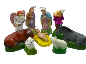 Purchased In Portugal - 9 Piece Set Of Rustic, Hand - Painted Ceramic Nativity Figurines