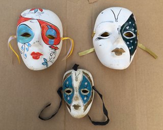 Lot Of 3 Vintage 1980s Painted Harlequin Masquerade Masks - Wall Decor