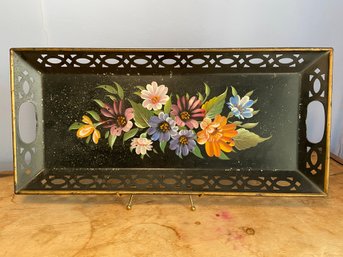 Rectangle Metal Tole Tray Hand Painted Floral Design 22x10