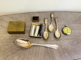 Sterling Silver Spoon And Pocket Knives, Brass Box, Etc.