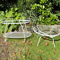 A Vintage Woodard Wrought Iron Bar Cart And Round Cocktail Table