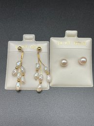 Two Pair Of 14k Gold And Pearls Earrings.