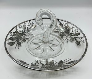 Vintage Glass Paden City Swan Handle Serving Tray  ~ Sterling Floral Overlay ~