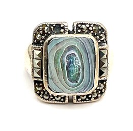 Vintage Sterling Silver Large Ornate Marcasite Abalone Ring, Size 4.5