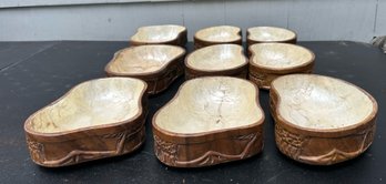 Nine Vintage Monkey Wood Pod Bowls Capiz Shell Inlay Handcrafted.