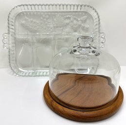 Vintage Indiana Glass Platter With Fruit Motif & Vintage Goodwood Genuine Teakwood Cloche Cheese Platter