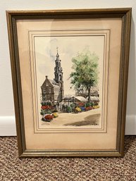 Framed Signed Colorized Ink Print - Church With A Flower Market - Amsterdam