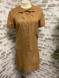 Vintage Brown Shift Dress W/ Brasstone Buttons & Attached Bow
