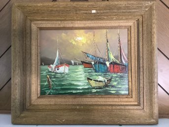 Signed Oil On Canvas Boats In The Water