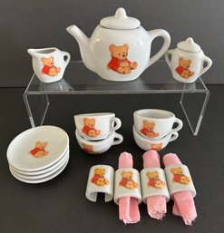 Child's Tea Set Teddy Bear Theme, 4 Cups, Plates, Napkin Rings- Creamer, Sugar, Coffee Pot, 3 Napkins