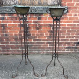Rare Matched Pair Of Wrought Iron Fern Stands With Original Copper Bowls - Great Vintage Pair - Nice Patina !