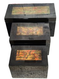Three Black Lacquer With Colorful Design Stacking/Nesting Boxes