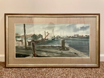 Framed Watercolor Of A Shipping Dock With Linen Mat