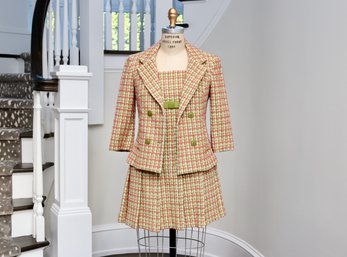 Betsy Johnson Houndstooth Tweed Suit Jacket And Dress Ensemble With Grosgrain Trim