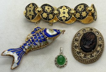 Grouping Of Vintage Estate Jewelry- Damascene Panel Bracelet, Articulated Chinese Fish, FLORENZA Signed Cameo