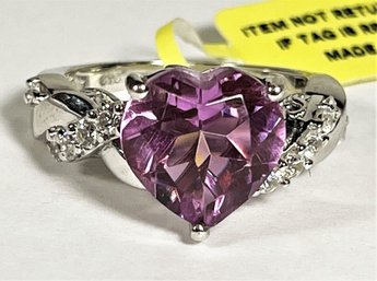 Sterling Silver Ladies Ring Having Large Heart Shaped Amethyst Stone W Flanking Diamonds Size 7