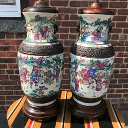 Fabulous Large Pair Antique Asian Vases Mounted As Lamps - Very Well Done - All Brass Components - Wow !