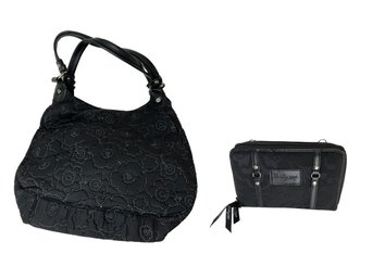 Black Quilted Floral Handbag & Organizing Wallet