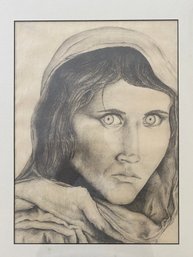 Original Pencil Sketch Of Famous National Geographic Cover Of Afghan Woman Framed Behind Glass
