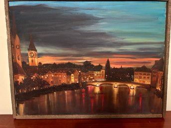 European City Scene Oil On Canvas By Master Artist