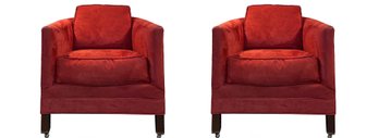 Pair Of Mitchell Gold Red Alcantara Suede Club Chairs On Casters*