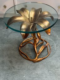 Vintage Arthur Court Hollywood Regency Beveled Glass Top Gold Lily Leaf Flower Side Table Cast Aluminum- Lot 2