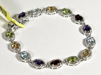 Fine Sterling Silver Link Colorful Gemstone Bracelet,