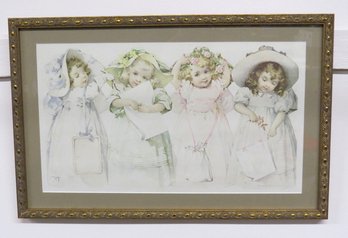 Frederick A. Stokes Company C.1890 Copyright Victorian Framed Print Of 4 Little Girls Dressed In Their Finest