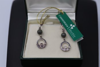 New In Box Connemara Marble & Sterling Silver Claddagh Earrings